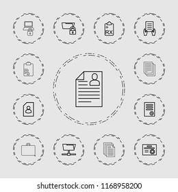 Document icon. collection of 13 document outline icons such as resume, clipboard, folder, folder protection, diploma, paper. editable document icons for web and mobile.