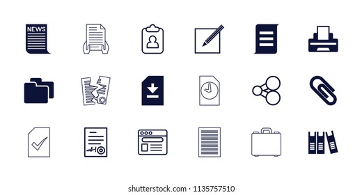 Document icon. collection of 18 document filled and outline icons such as printer, paper and pen, share, clipboard, browser, news. editable document icons for web and mobile.