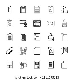 Document icon. collection of 25 document outline icons such as stamp, resume, paper clip, paper, diploma, check list. editable document icons for web and mobile.