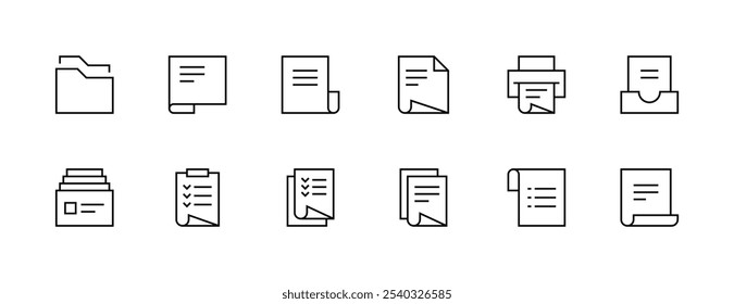 Document icon collection. File, folder, page, paperwork, checklist, archive, attachment, note, task and more. Editable stroke. Pixel Perfect. Grid base 32px.