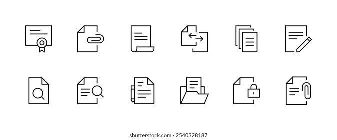 Coleção de ícones de documento. Arquivo, pasta, página, certificado, pesquisa, arquivo, anexo, observação, tarefa e muito mais. Traçado editável. Pixel perfeito. Grade de 32px.