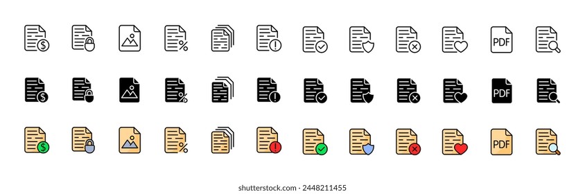 Document icon collection. Linear, silhouette and flat style. Vector icons