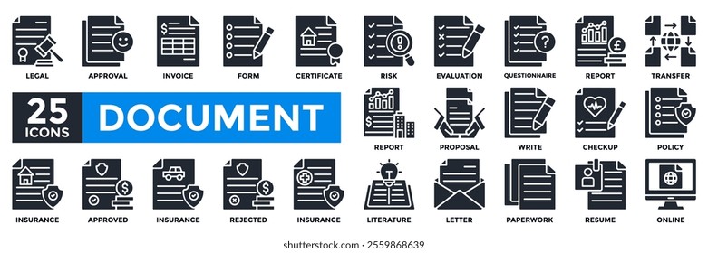 Document icon collection set. Containing legal, invoice, form, certificate, report, proposal, policy, insurance icon. Simple solid vector illustration.