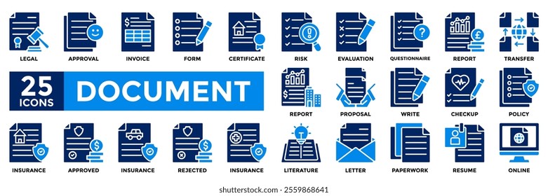Document icon collection set. Containing legal, invoice, form, certificate, report, proposal, policy, insurance icon. Simple flat vector illustration.
