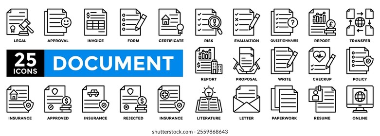 Document icon collection set. Containing legal, invoice, form, certificate, report, proposal, policy, insurance icon. Simple line vector illustration.