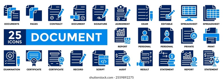 Document icon collection set. Containing contract, spreadsheet, certificate, statement, report, script, pages icon. 