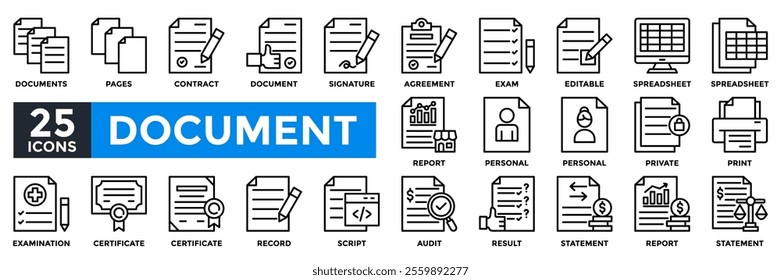 Document icon collection set. Containing contract, spreadsheet, certificate, statement, report, script, pages icon.