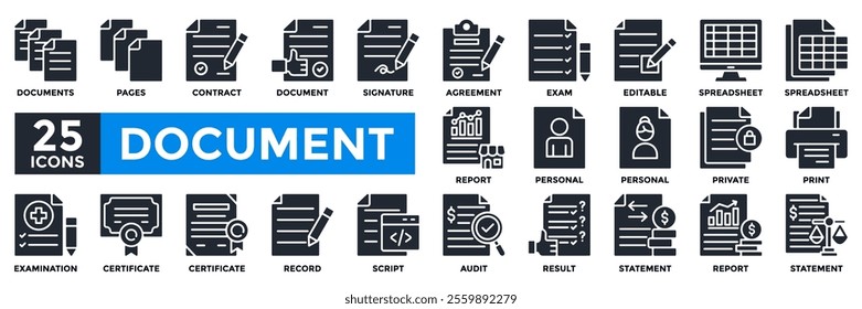 Document icon collection set. Containing contract, spreadsheet, certificate, statement, report, script, pages icon.