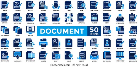 	
Document icon collection set. Containing legal, invoice, form, certificate, report, proposal, policy, insurance icon.