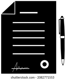 Document icon, contract with ballpoint pen, black silhouette. Highlighted on a white background. Vector illustration. A series of business icons.