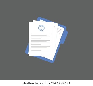 Document icon. Contract papers, paper documents. Folder with stamp and text. Stack of agreements document with signature and approval stamp. Business documents. Folder, stack papers.