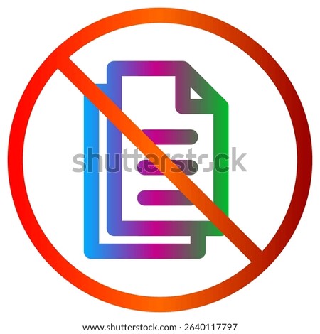 Document icon crossed out by a vibrant red circle symbolizes restriction and prohibition Use it for presentations and guidelines to highlight document limitations.