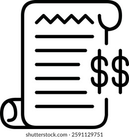 Document Icon Depicting a Financial Statement with Dollar Symbols in Outline Style