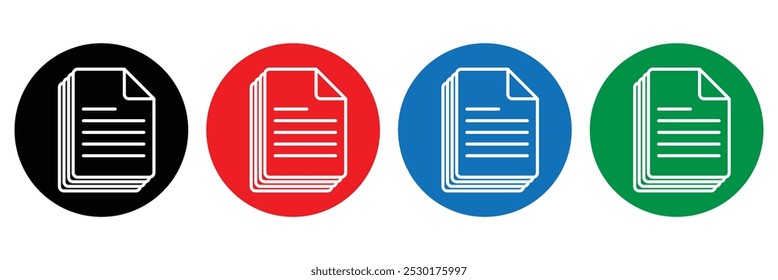 Document icon. Different color document icon. Black, Red, blue, green document icon with circle set.