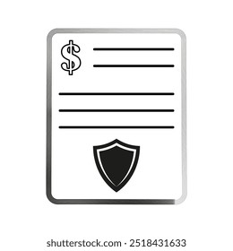 Dokumentensymbol mit einem Dollarsymbol und einem Schild am unteren Rand, das die finanzielle Sicherheit oder Versicherung darstellt. Minimalistisches Schwarzweiß-Design.