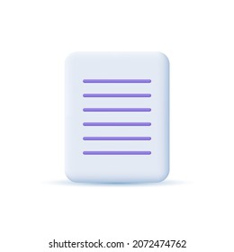Document icon. File, clipboard, checklist, business, office, finance, work. 3D design concept. Vector illustration
