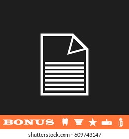 Document icon flat. White pictogram on black background. Vector illustration symbol and bonus button tooth, vase, star, mirror, bottle
