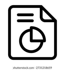 Ícone de documento com um canto dobrado com linhas horizontais e um gráfico circular, simbolizando relatórios analíticos e resumos de negócios.