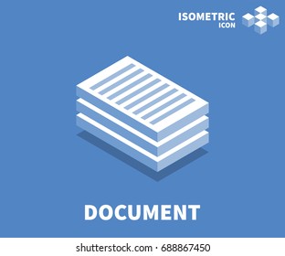 Document icon, illustration, vector symbol in flat isometric 3D style isolated on color background.