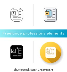 Document icon. Information on pape sheet. Page with text. Computer document. Copy writing. Business message. Report doc. Linear black and RGB color styles. Isolated vector illustrations