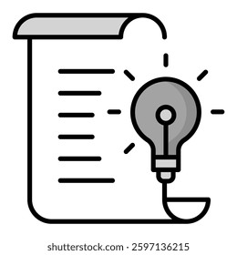 Document icon with a light bulb representing innovation, brainstorming, creative thinking, knowledge development, and new ideas