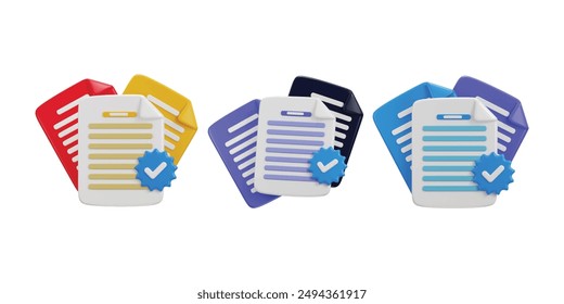 Document icon on paper approved icon set 3d render