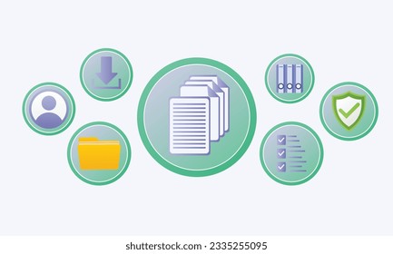 Dokumentensymbol auf virtuellem Bildschirm zur Dokumentenverwaltung, Online-Dokumentationsdatenbank und Software für digitale Dateispeichersysteme, Aufbewahrung von Datensätzen auf weißem Hintergrund.Vector Design Illustration.