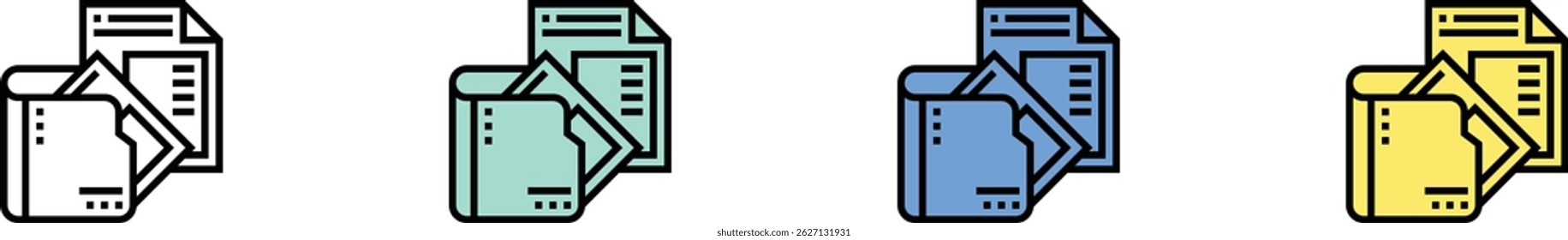 Dokumentsymbol. Kontur, Design im grünen, blauen und gelben Stil einzeln auf weißem Hintergrund