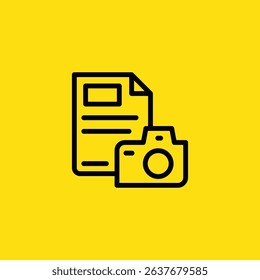 A document icon is paired with a camera icon in this simple black and yellow design, suitable for illustrating photography services or related software.