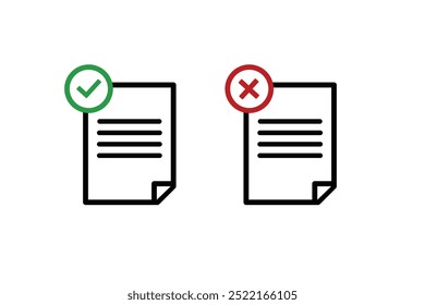 Dokumentsymbol. Papiersymbol. Markierung. Kreuzzeichen. Häkchen OK und X-Symbole. Symbole JA und NEIN. Datei ablehnen. Dokument annehmen. Nicht akzeptiertes Dokument. Datei-Fixes. Aufgaben. Optionen. Arbeitsblatt. Aufgabe abgeschlossen.