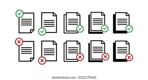 Icono de documento. Icono de papel. Marca de verificación. señales cruzadas. Marque los iconos OK y X. Símbolos SÍ y NO. Rechazar archivo. Acepte el documento. Documento no aceptado. Correcciones de archivos. Tareas. Opciones. Hoja de cálculo. Tarea realizada.