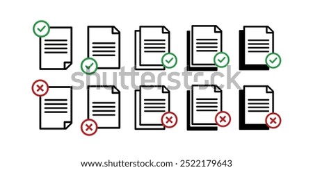 Document icon. Paper icon. Check mark. cross signs. Checkmark OK and X icons. Symbols YES and NO. Reject file. Accept document. Unaccepted document. File fixes. Tasks. Options. Worksheet. Task done.