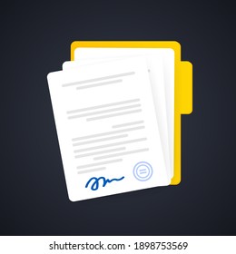 Document Icon. Paper Documents In Folder With Signature And Text, Contract Idea. Confirmed Or Approved Document. Vector On Isolated Background. EPS 10