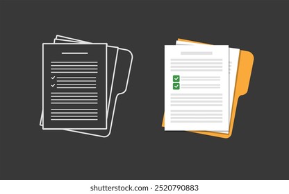 Document Icon Paper documents. Folder with stamp and text. Stack of agreements document Concept of paperwork, business documents. Folder, stack papers