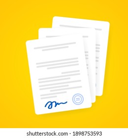 Document icon. Paper documents with signature and text, contract idea. Confirmed or approved document. Vector on isolated background. EPS 10