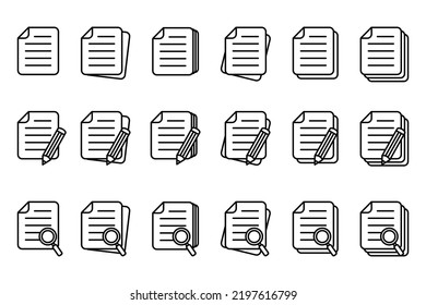 Document icon. Document with pencil, magnifier loupe business concept, vector isolated.