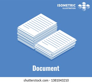 Document icon. Pile of documents, stack of business paper. Vector 3D illustration isolated on blue background.