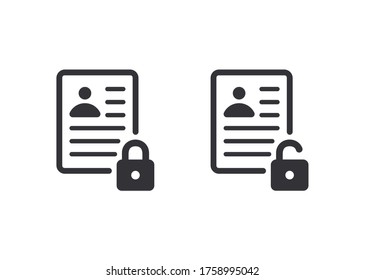 Document icon. Profile icon. File access. Document protection. File security. File lock. Profile protection. Avatar icon. Personal document. Identification card icon. Id card. Closed profile. Sharing