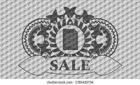 icono de documento y patrón de estilo geométrico hexágono de color gris de texto de venta emblema realista. Un bonito fondo a la moda. Ilustración vectorial. 