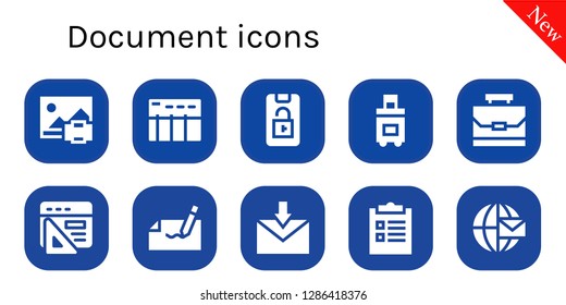  document icon set. 10 filled document icons. Simple modern icons about  - Print, Data table, Lock phone, Suitcase, Case, Browser, Autograph, Email, Checklist