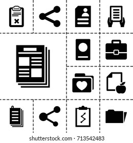 Document icon. set of 13 filled document icons such as passport, holding document, resume, paper and apple, paper, folder with heart, share, clipboard, folder, case, newspaper