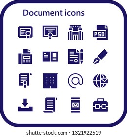 Document Icon Set. 16 Filled Document Icons.  Collection Of - Certificate, Diploma, Prison, Psd, Fax, Postcard, Contract, Pen, Office, Arroba, Email, Download, Papyrus, Case