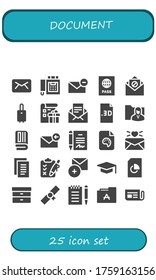 document icon set. 25 filled document icons.  Simple modern icons such as: Email, Fax, Passport, Suitcase, List, File, Folder, Newspaper, Contract, Notes, Clipboard, Add, Graduation