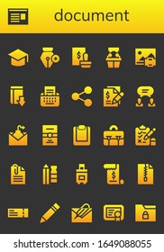 document icon set. 26 filled document icons.  Simple modern icons such as: Graduation, Newspaper, Pen, Stamp, Witness, Print, Download, Type, Share, Contract, Agreement, Email