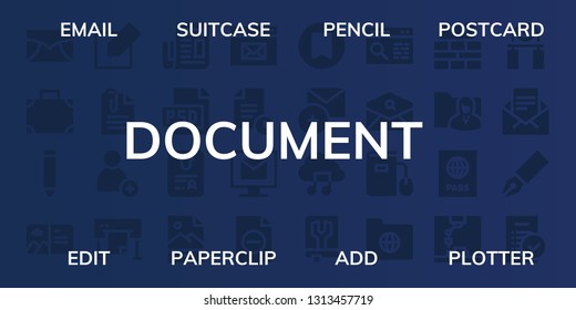 document icon set. 32 filled document icons. on blue background style Simple modern icons about  - Email, Suitcase, Pencil, Postcard, Edit, Paperclip, Add, Plotter, Newspaper