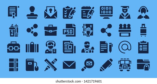 document icon set. 32 filled document icons. on blue background style Simple modern icons about  - Certificate, Highlighter, Case, Notebook, Stamp, Share, Suitcase, Ebook, Briefcase