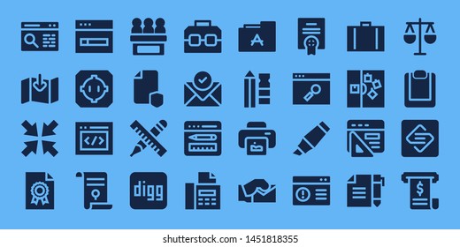 document icon set. 32 filled document icons. on blue background style Collection Of - Browser, Download, Minimize, File, Dohyo, Html, Agreement, Jury, Pencil, Digg, Case, Email