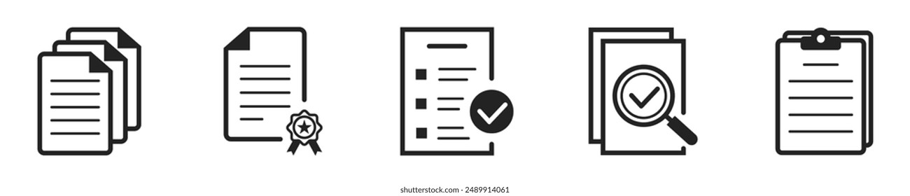 Document icon set. Set of 5 outline icons related to document. Linear icon collection. Document or files outline icons collection. Editable stroke. Vector illustration.