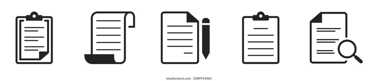 Document icon set. Set of 5 outline icons related to document. Linear icon collection. Document or files outline icons collection. Editable stroke. Vector illustration.
