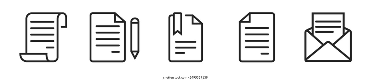 Document icon set. Set of 5 outline icons related to contains paper, document, archive, folder, legal document, clipboard, mail, etc. Linear icon collection. Document outline icons collection.
